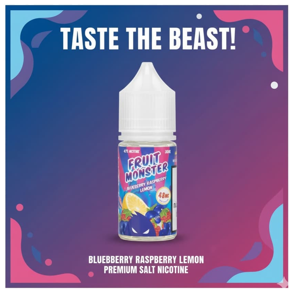 Fruit Monster Blueberry Raspberry Lemon Salt 30ml 1 fruit monster blueberry rapsberry lemon salt banner