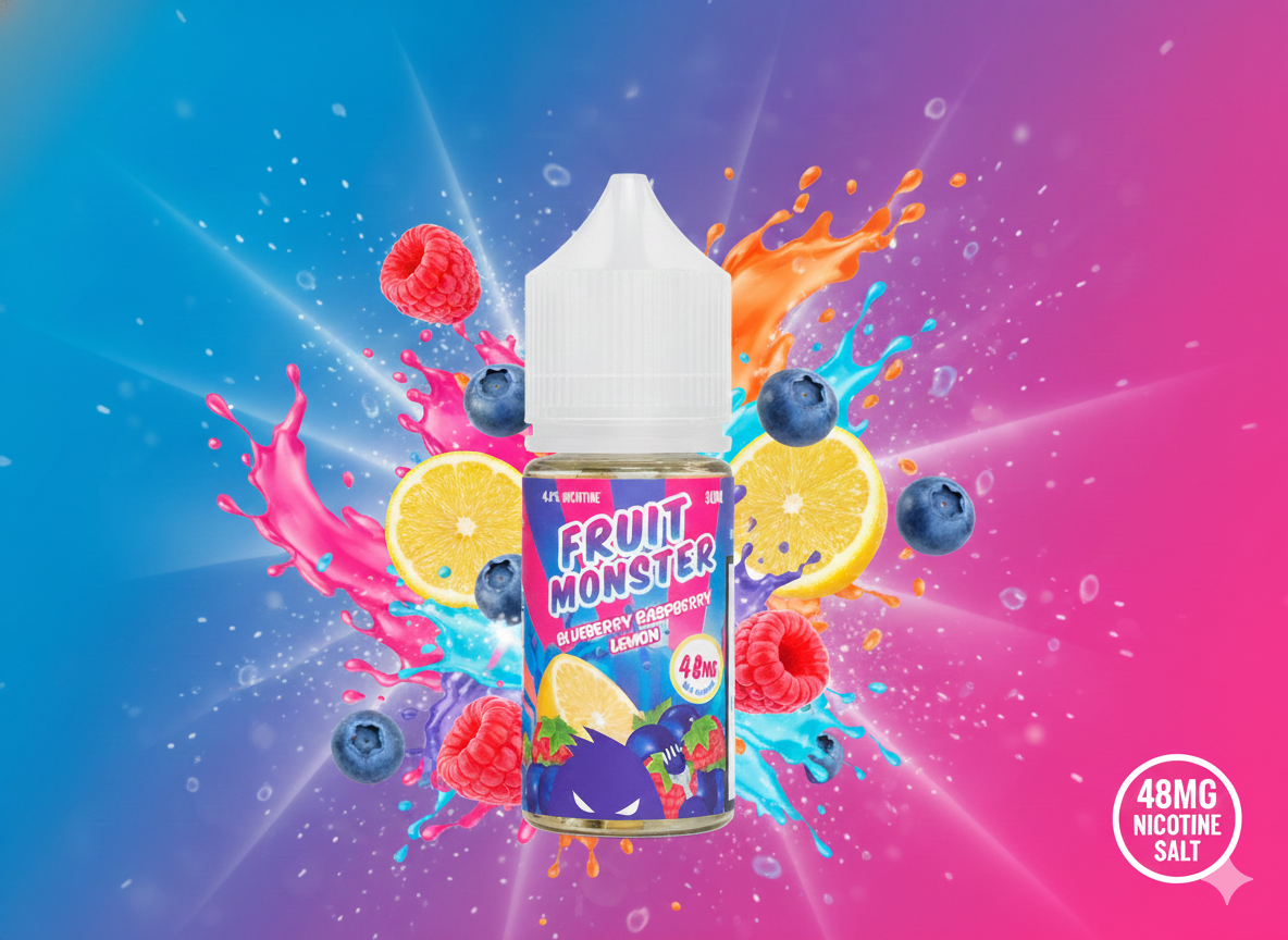Fruit Monster Blueberry Raspberry Lemon Salt 30ml 1 fruit monster blueberry rapsberry lemon salt banner 1