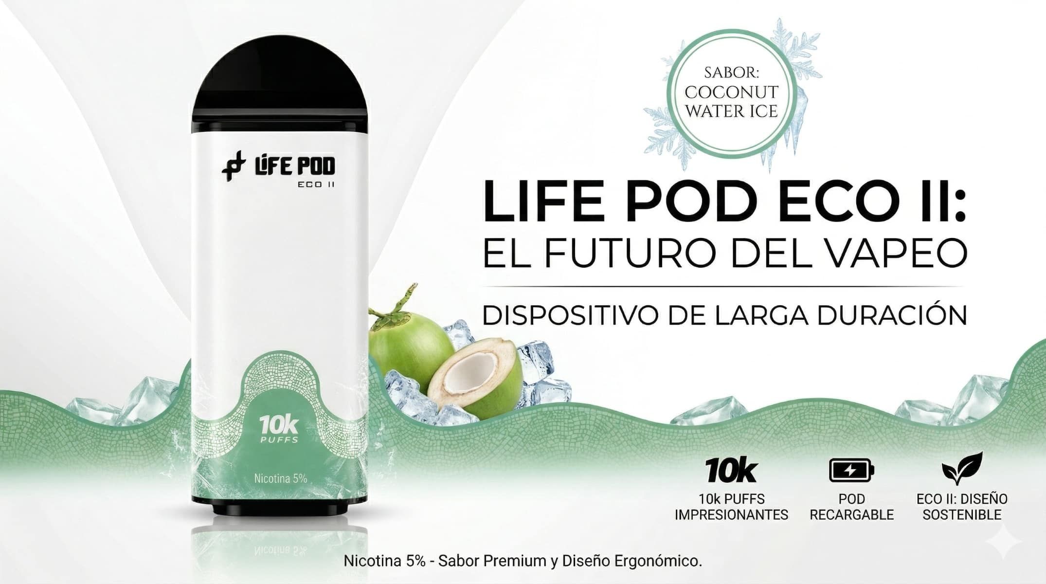 Cartucho De Recarga Life Pod Eco II 10000 Puffs Coconut Water Ice 1 Banner Life Pod Eco II Coconut Water Ice