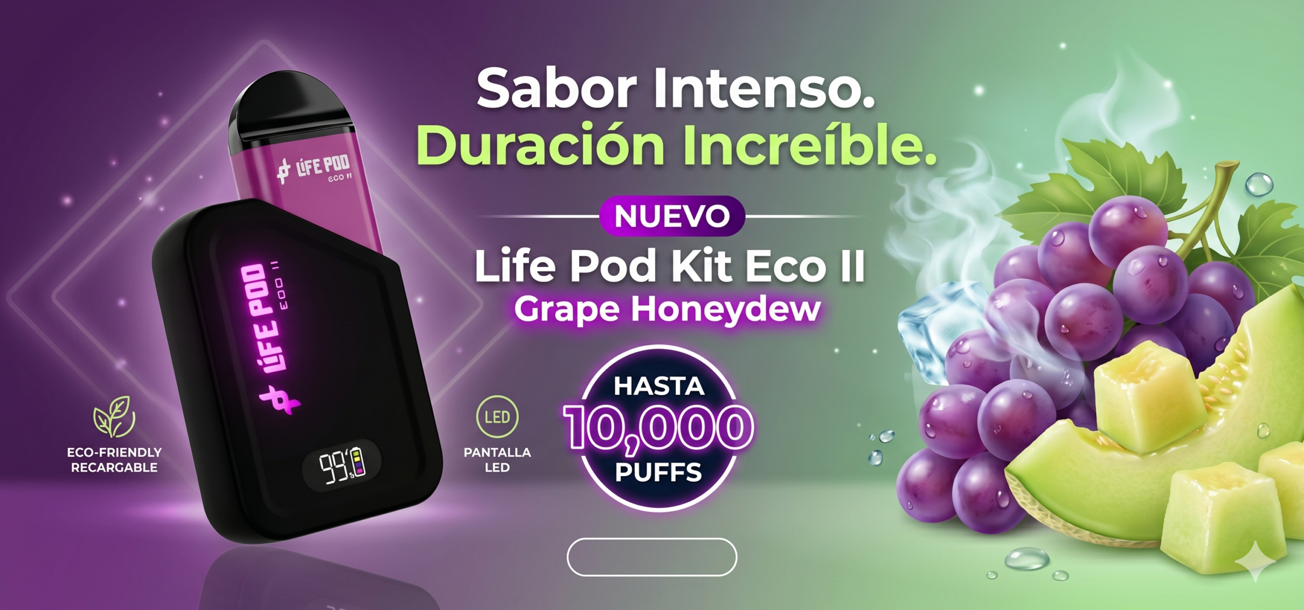 Vaporizador Life Pod Eco II Kit Grape Honey 1 Life Pod Kit Eco II 10.000 Puff Grape Honeydew Banner scaled