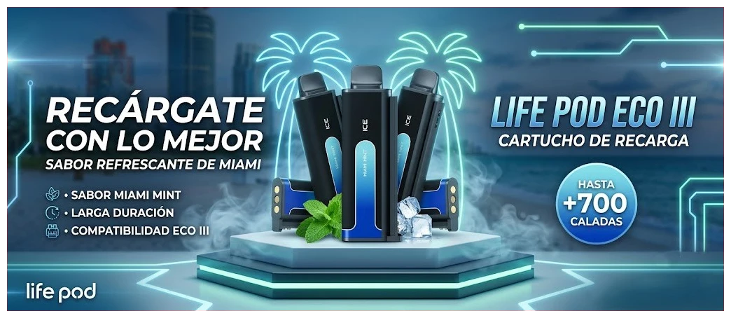 Cartucho De Recarga Life Pod Eco III Miami Mint 20000 Puffs 1 Banner Cartucho De Recarga Life Pod Eco III miami mint.jpg
