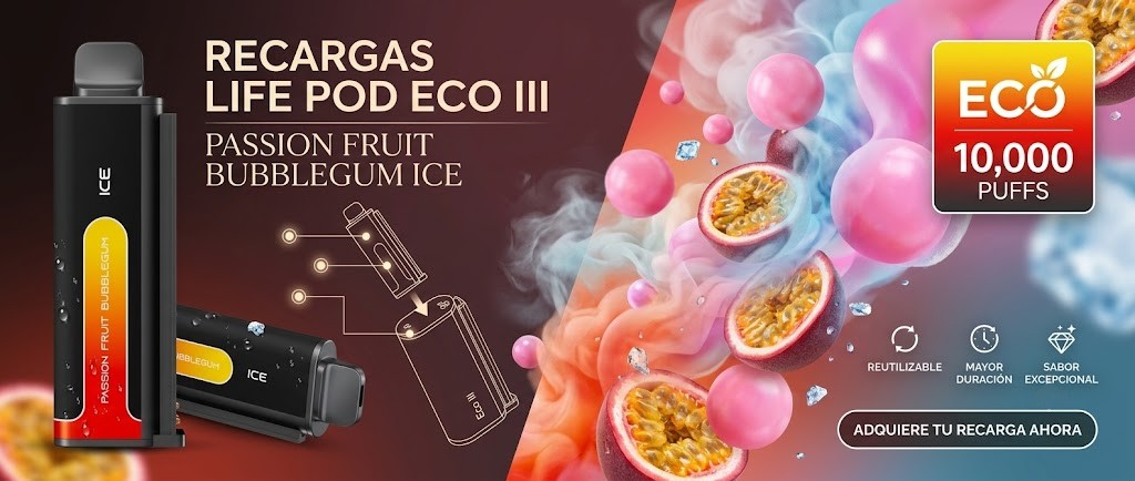 Cartucho De Recarga Life Pod Eco III Passion Fruit Bubblegum 20000 Puffs 1 Banner Cartucho De Recarga Life Pod Eco III passion fruit bubblegum