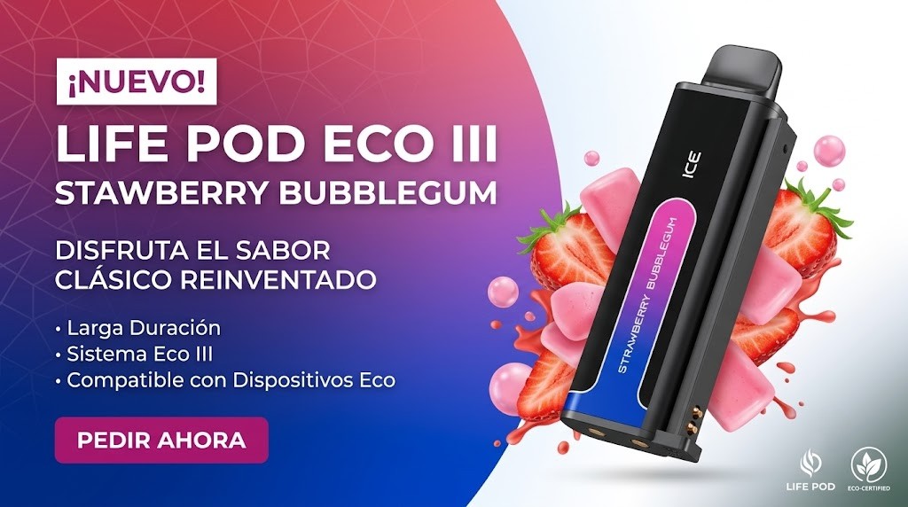 Cartucho De Recarga Life Pod Eco III Strawberry Bubblegum 20000 Puffs 1 Banner Cartucho De Recarga Life Pod Eco III strawberry bubblegum