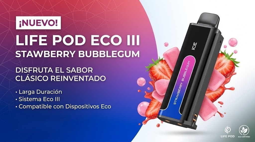 Cartucho De Recarga Life Pod Eco III Strawberry Bubblegum 20000 Puffs 1 Banner Cartucho De Recarga Life Pod Eco III strawberry bubblegum