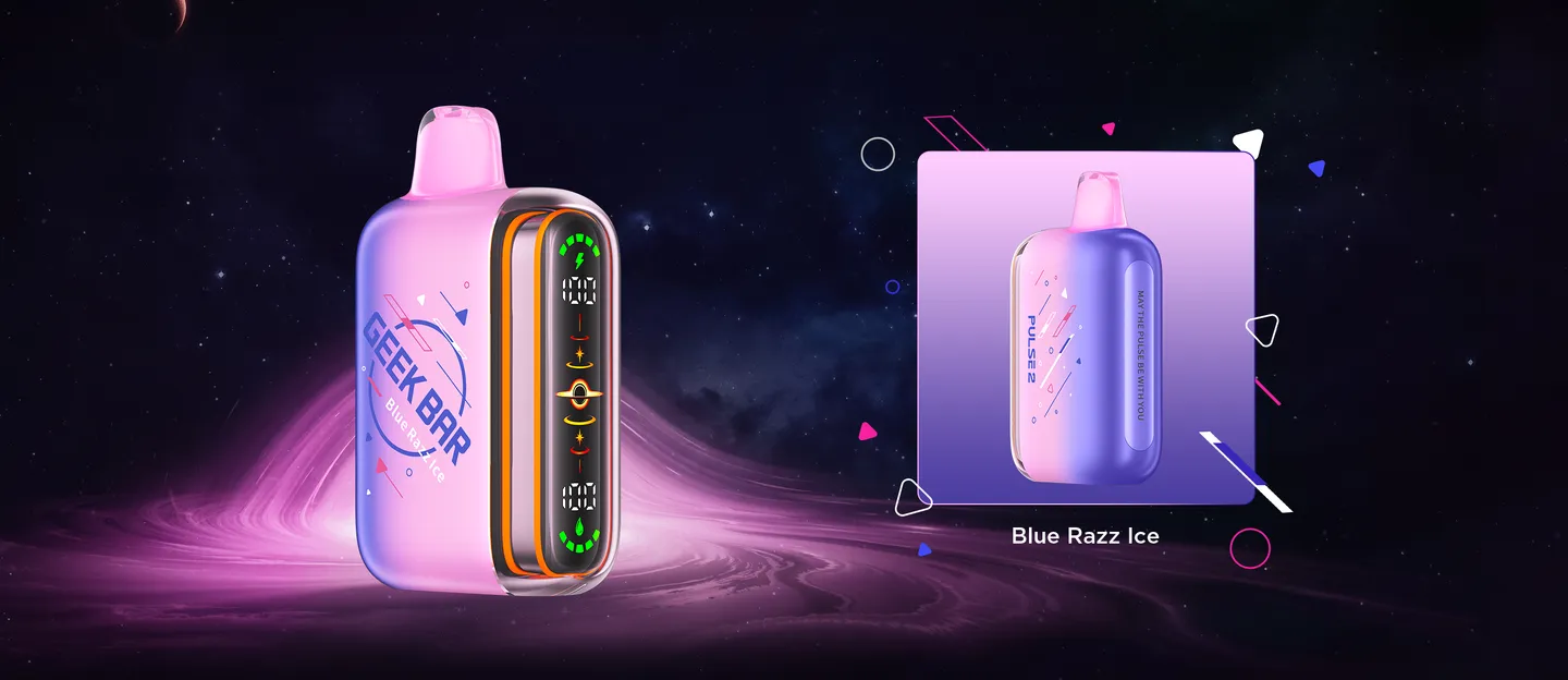 Geek Bar Pulse 2 de 25.000 Puffs Blue Razz Ice junto a su caja