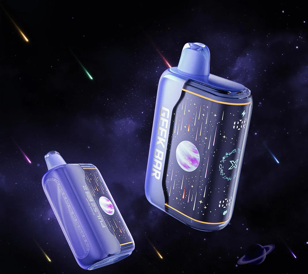 Geek Bar Pulse X 2 de 50.000 Puffs Grape Slush junto a su caja